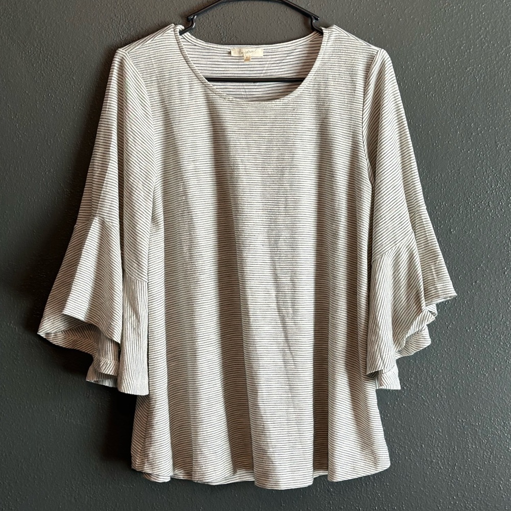 Mystree Gray and White Striped Ruffle-Sleeve Top